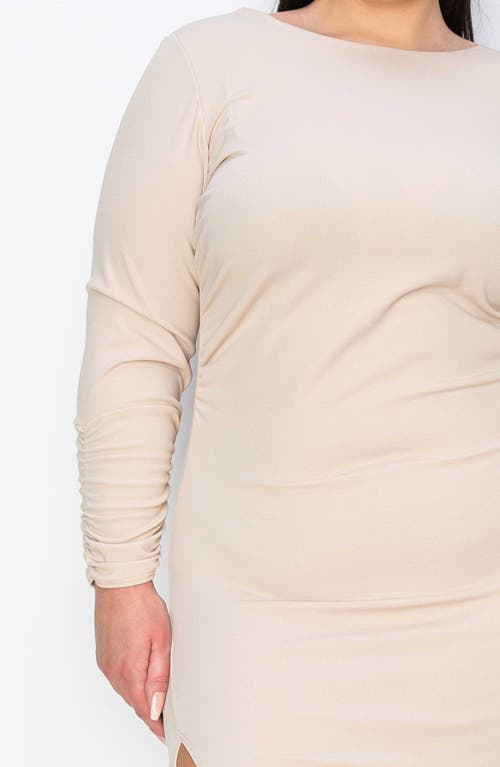 L I V D Bianca Open Back Side Slit Long Sleeve Stretch Dress In Oatmeal