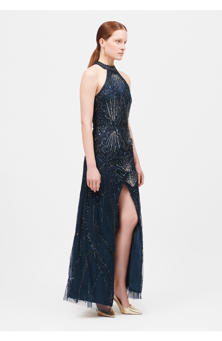 BEAUUT Occasion Embellished Sequin Beaded Halter Neck Evening Maxi Dress, Alternate, color, Navy