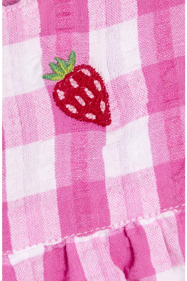 Strawberry Embroidered Gingham Cotton Seersucker Romper, Alternate, color, PINK