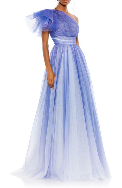 Mac Duggal Glitter Ombre Ruffled One Shoulder Ballgown In Royal Ombre