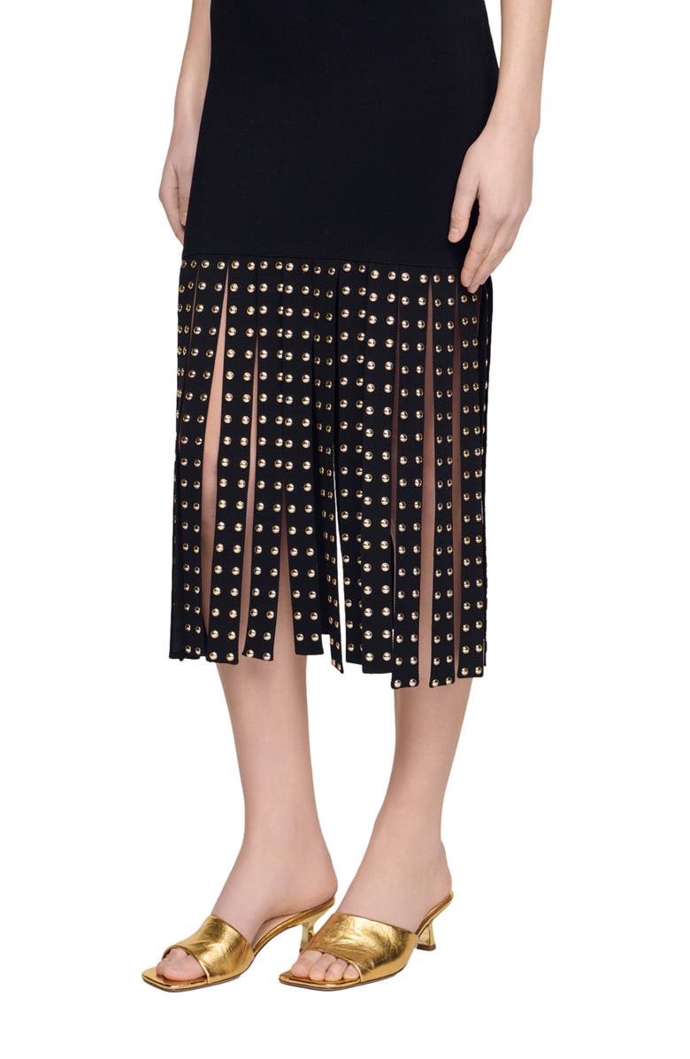 SANDRO Fringed knit maxi dress, Main, color, Black