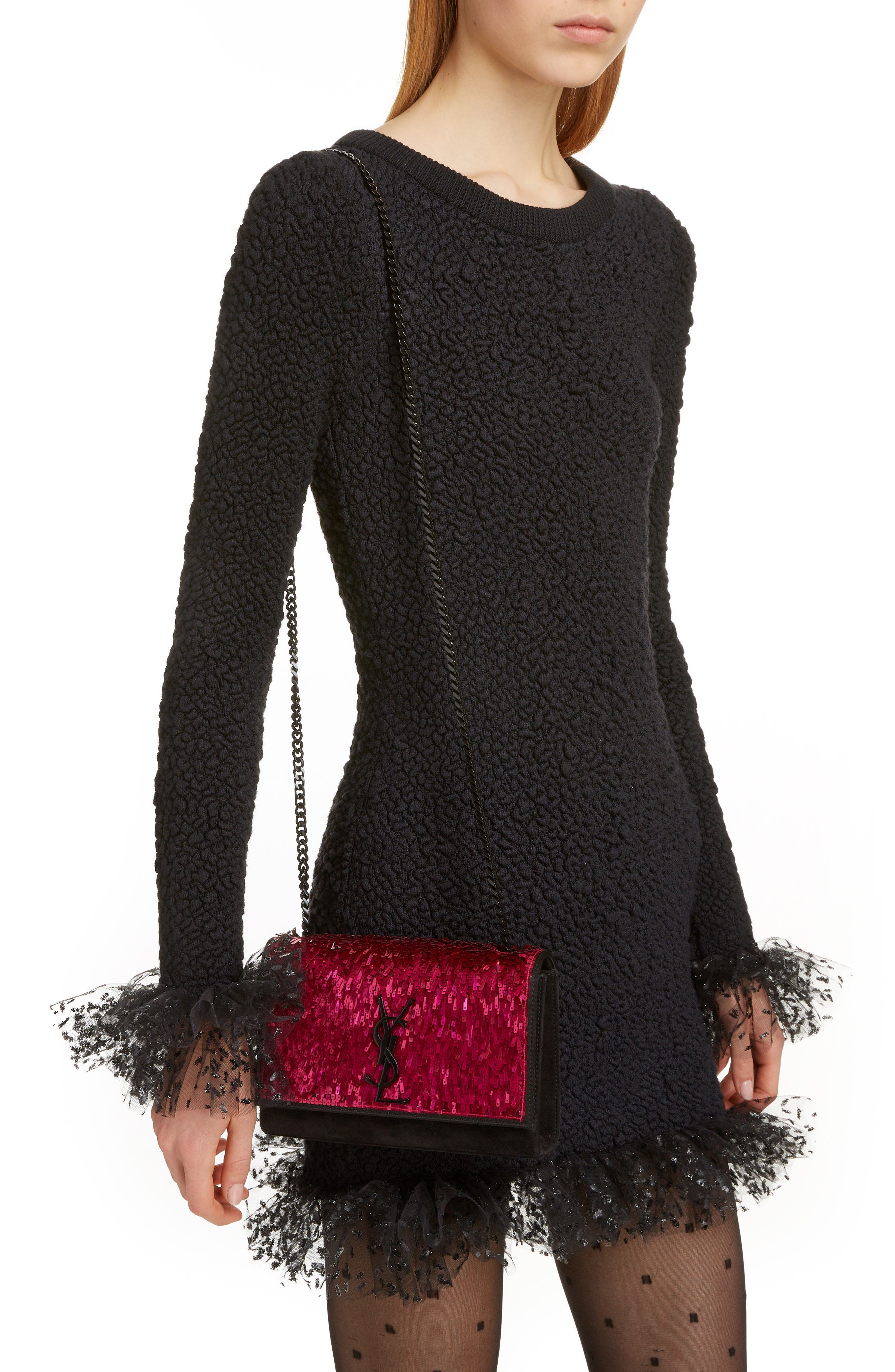 Kate Embellished Wallet on a Chain, Alternate, color, FUSHIA/ NOIR