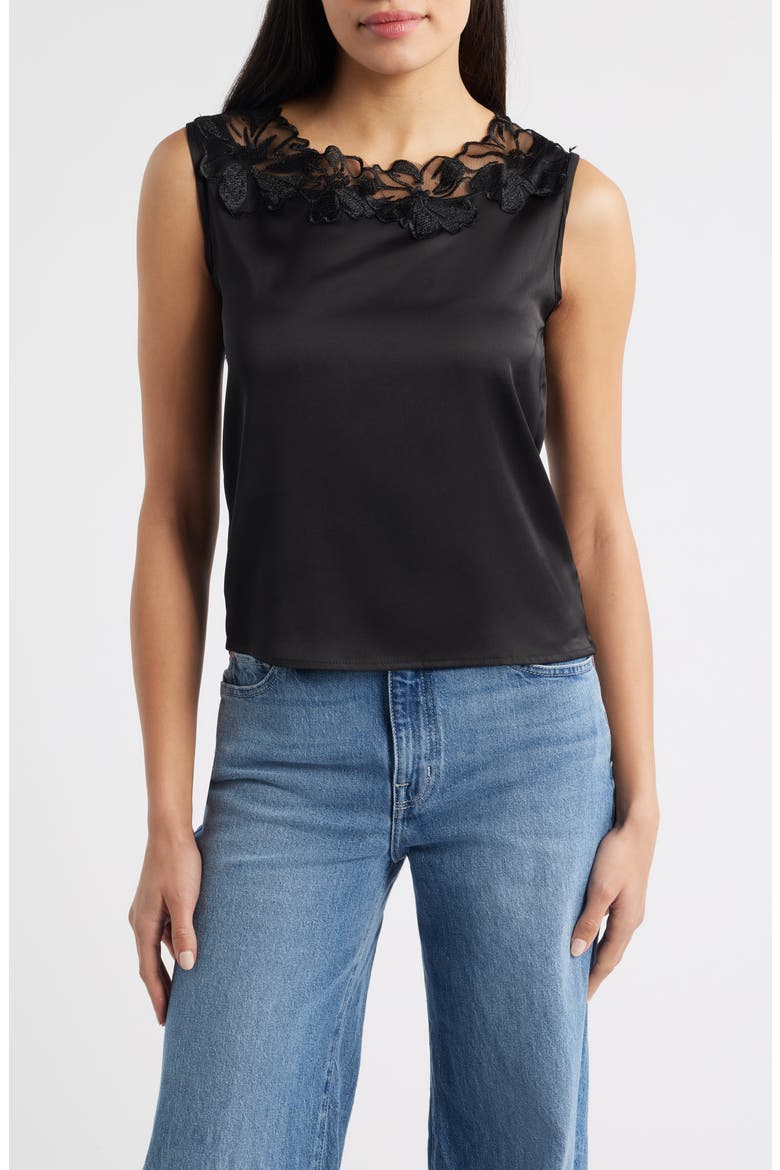 Camille Sleeveless Floral Appliqué Top, Main, color, BLACK