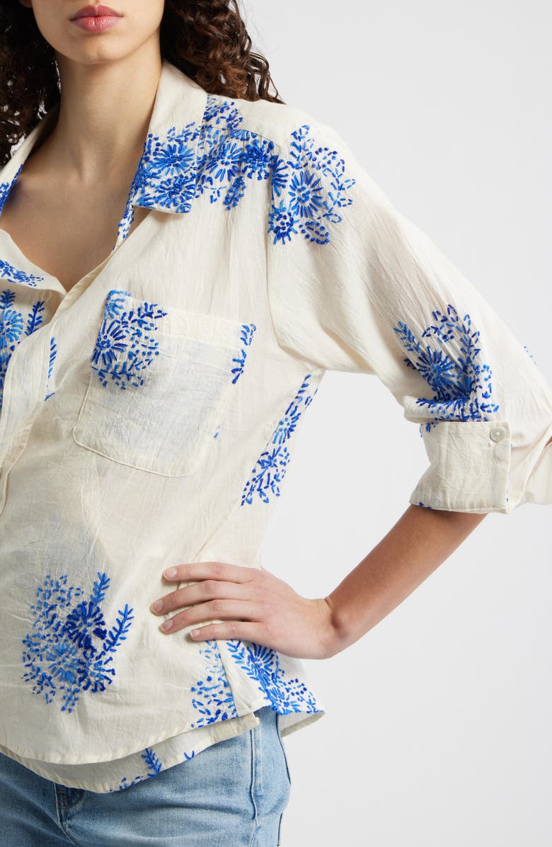 CISSA Embroidered Asymmetric Cotton Button-Up Shirt, Alternate, color, Floret Handstitch