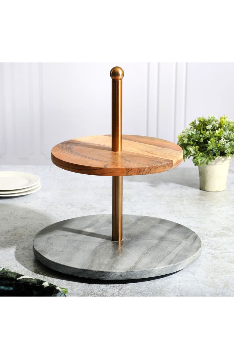 Laurie Gates California Designs Marble and Acacia Wood 2 Tier Server, Alternate, color, Grey And Brown