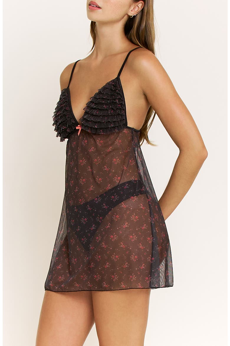 Rumba Floral Ruffle Sheer Chemise, Alternate, color, BLACK DITSY