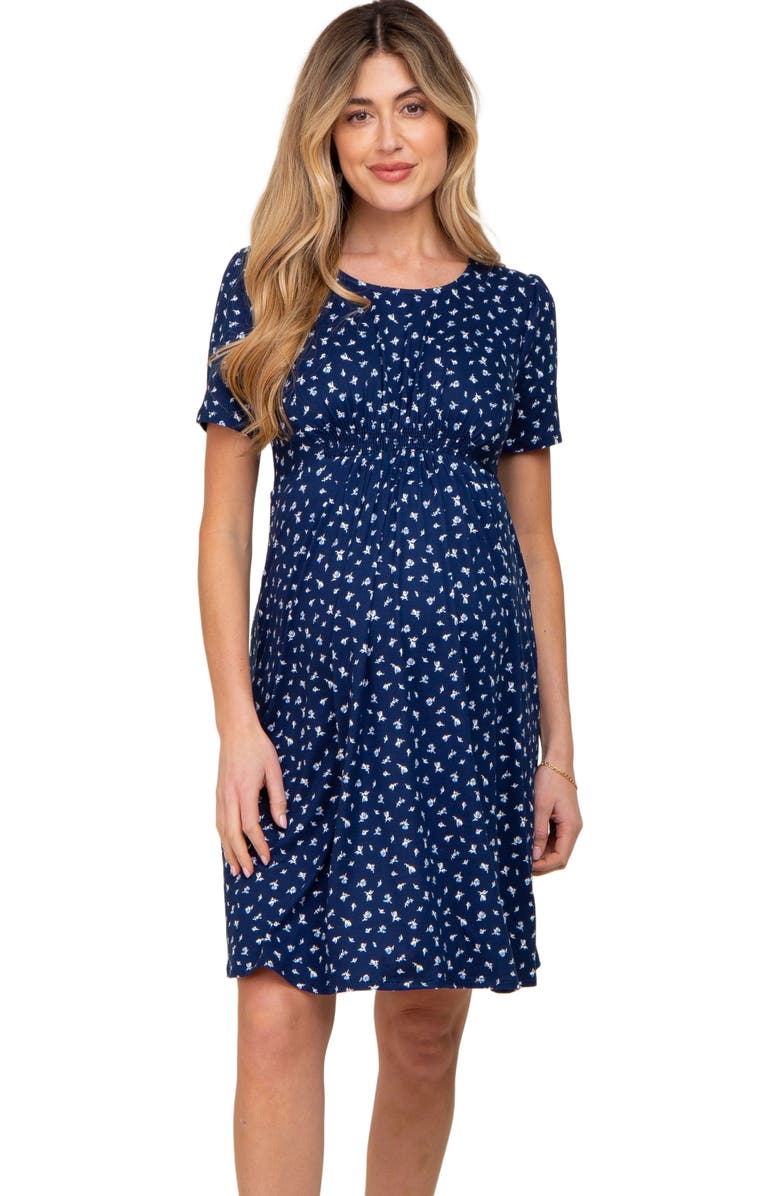 PinkBlush Floral Smocked Short Sleeve Dress, Alternate, color, Navy Blue
