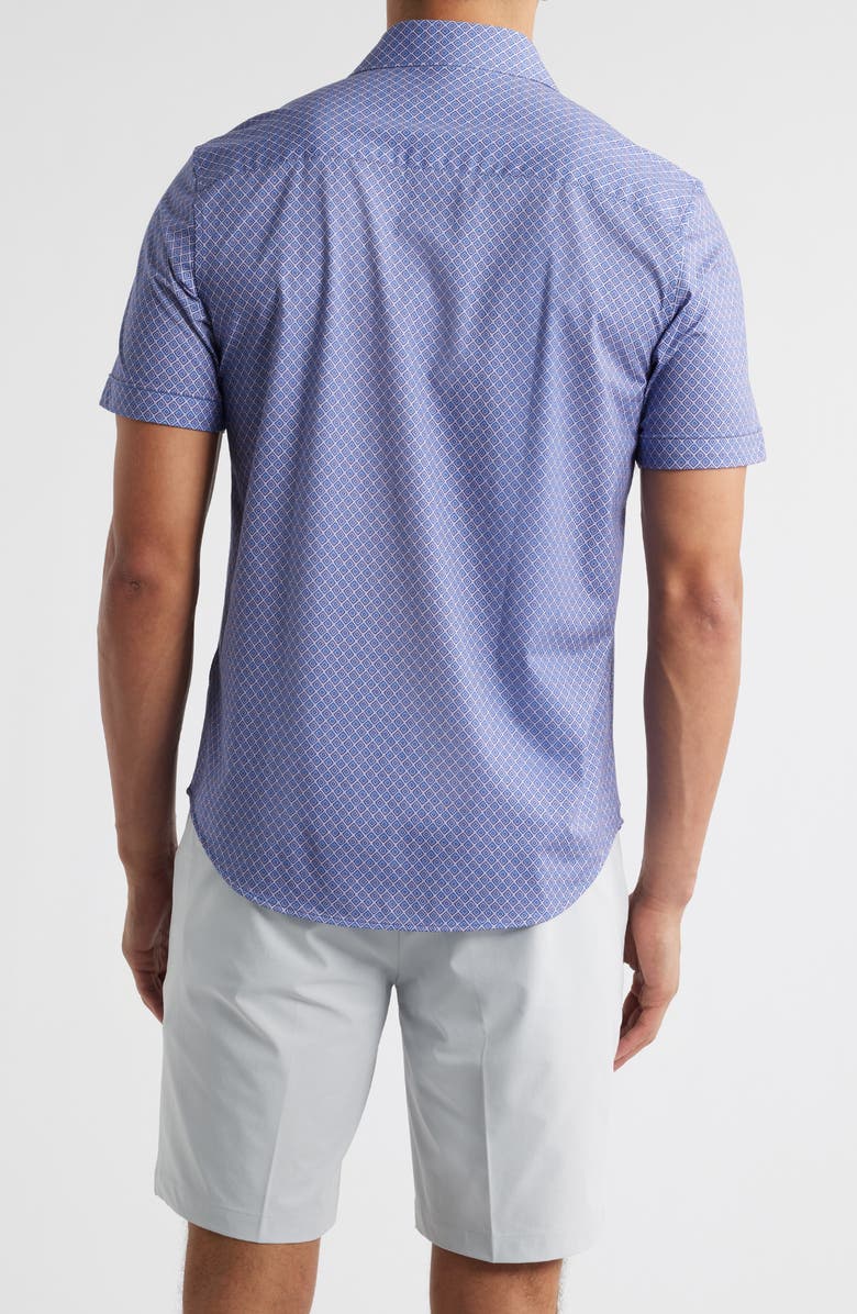 Bugatchi Miles OoohCotton<sup>®</sup> Geometric Print Short Sleeve Button-Up Shirt, Alternate, color, Peacock