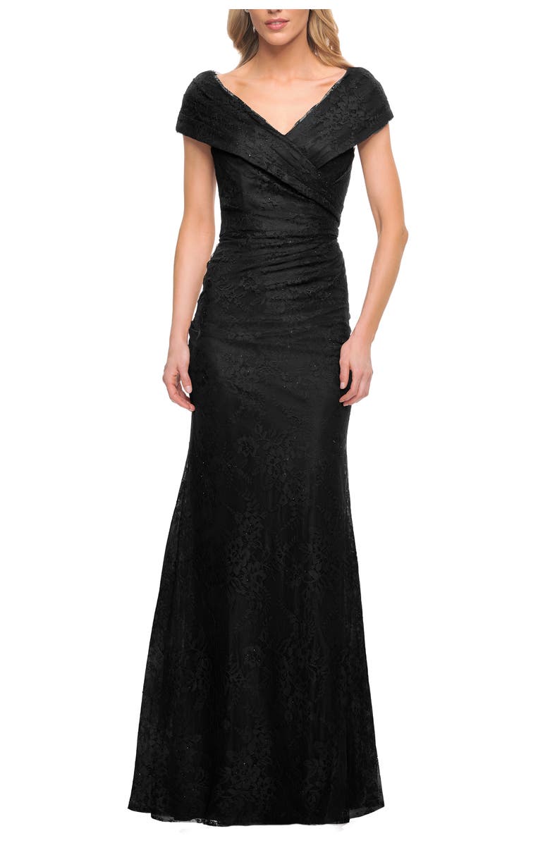 La Femme Lace Off The Shoulder Cap Sleeve Evening Dress, Main, color, Black