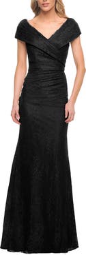 La Femme Lace Off The Shoulder Cap Sleeve Evening Dress