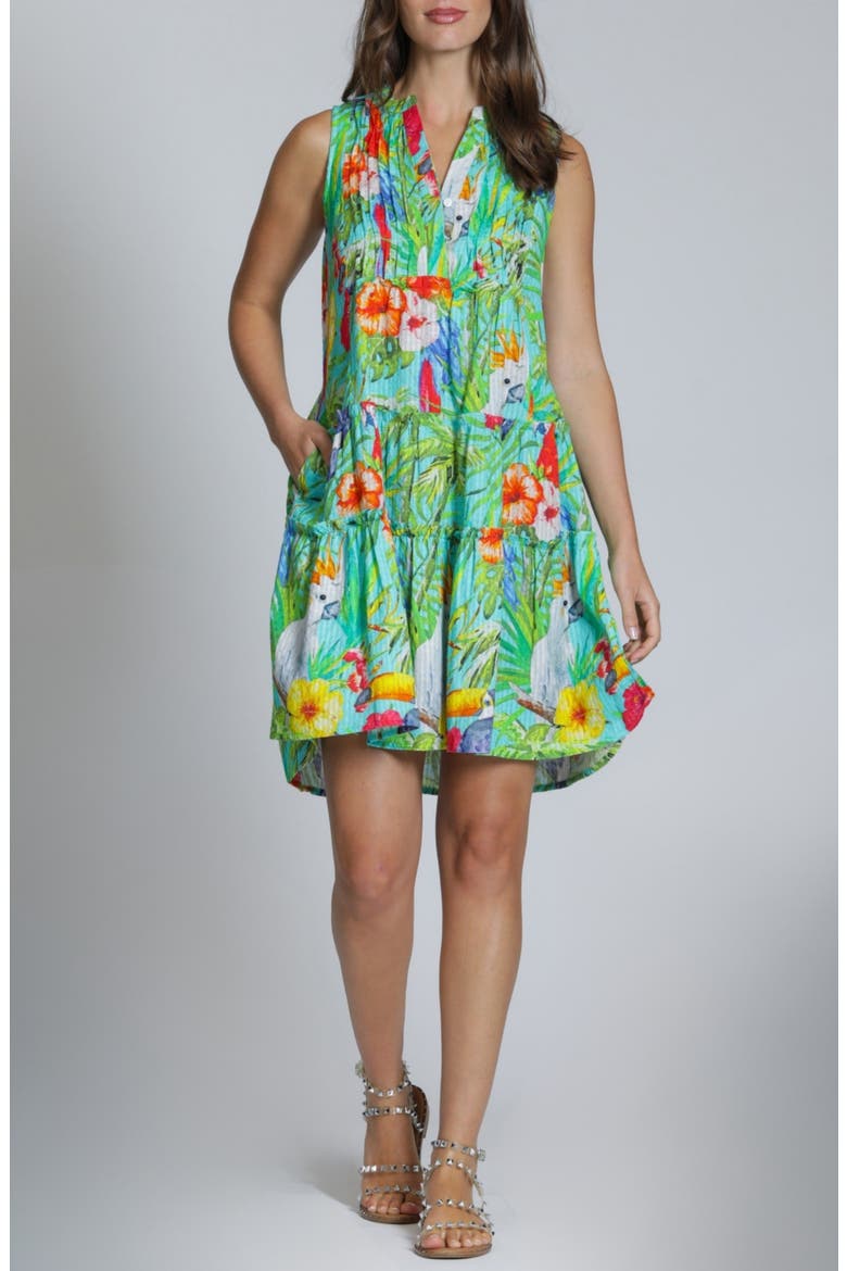 Pintuck Sleeveless Cotton Blend Dress, Main, color, TURQUOISE MULTI