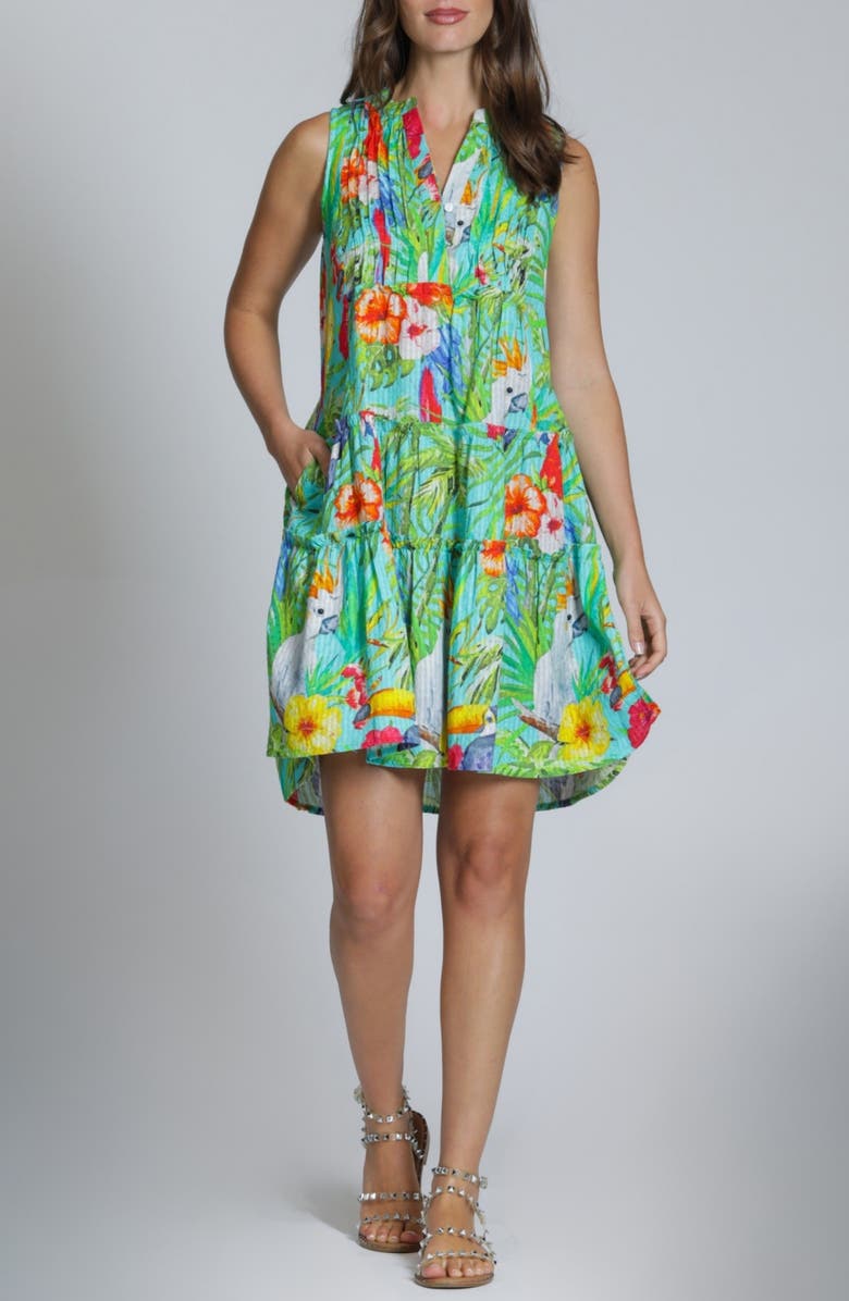 APNY Pintuck Sleeveless Cotton Blend Dress, Main, color, Turquoise Multi