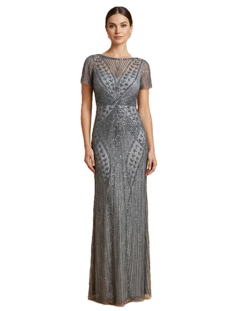 Beaded Flutter Sleeve Gown
