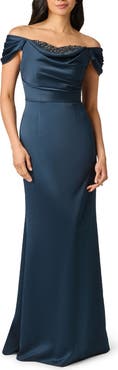 Adrianna Papell Beaded Off the Shoulder Satin Mermaid Gown