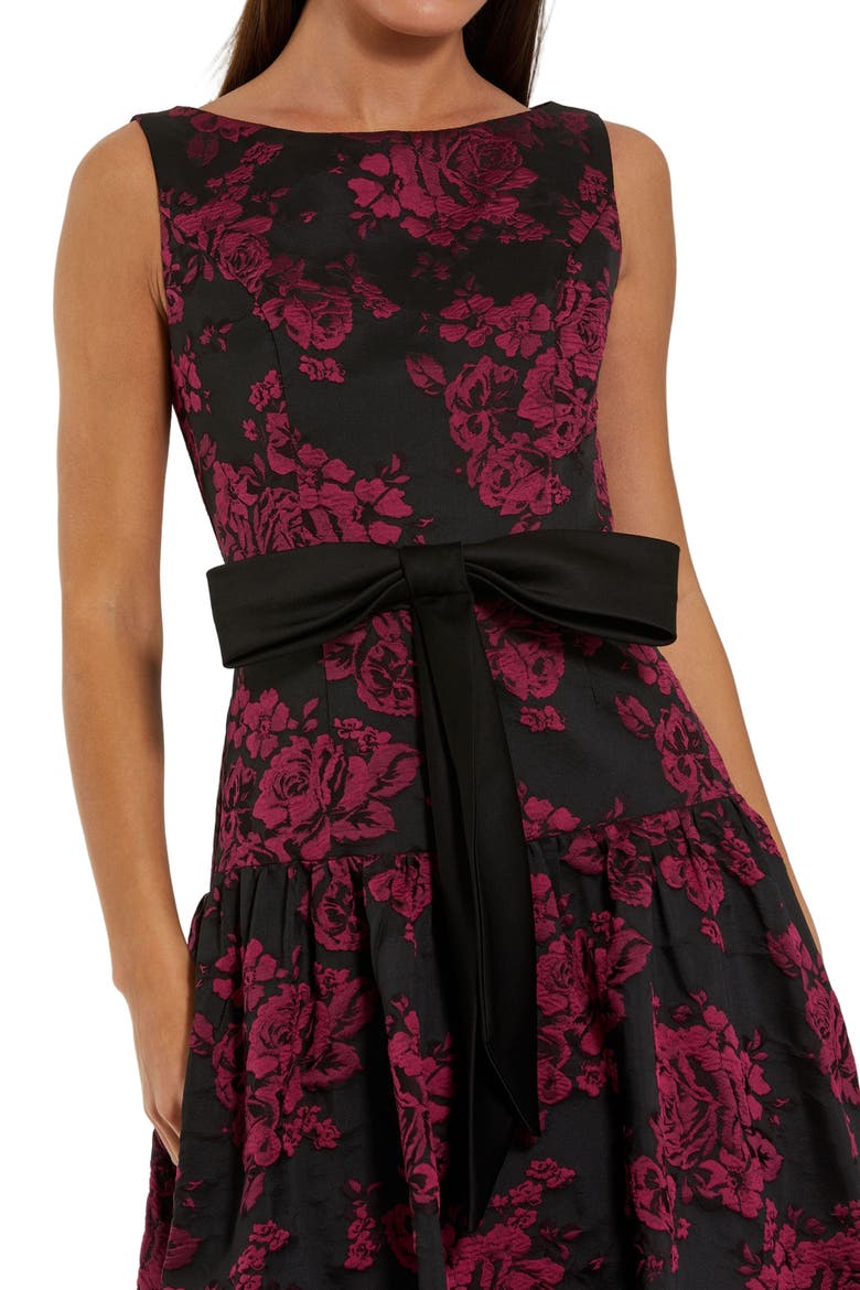 Women's Brocade Drop Waist Midi Dress With Satin Bow, Alternate, color, Magenta Multi