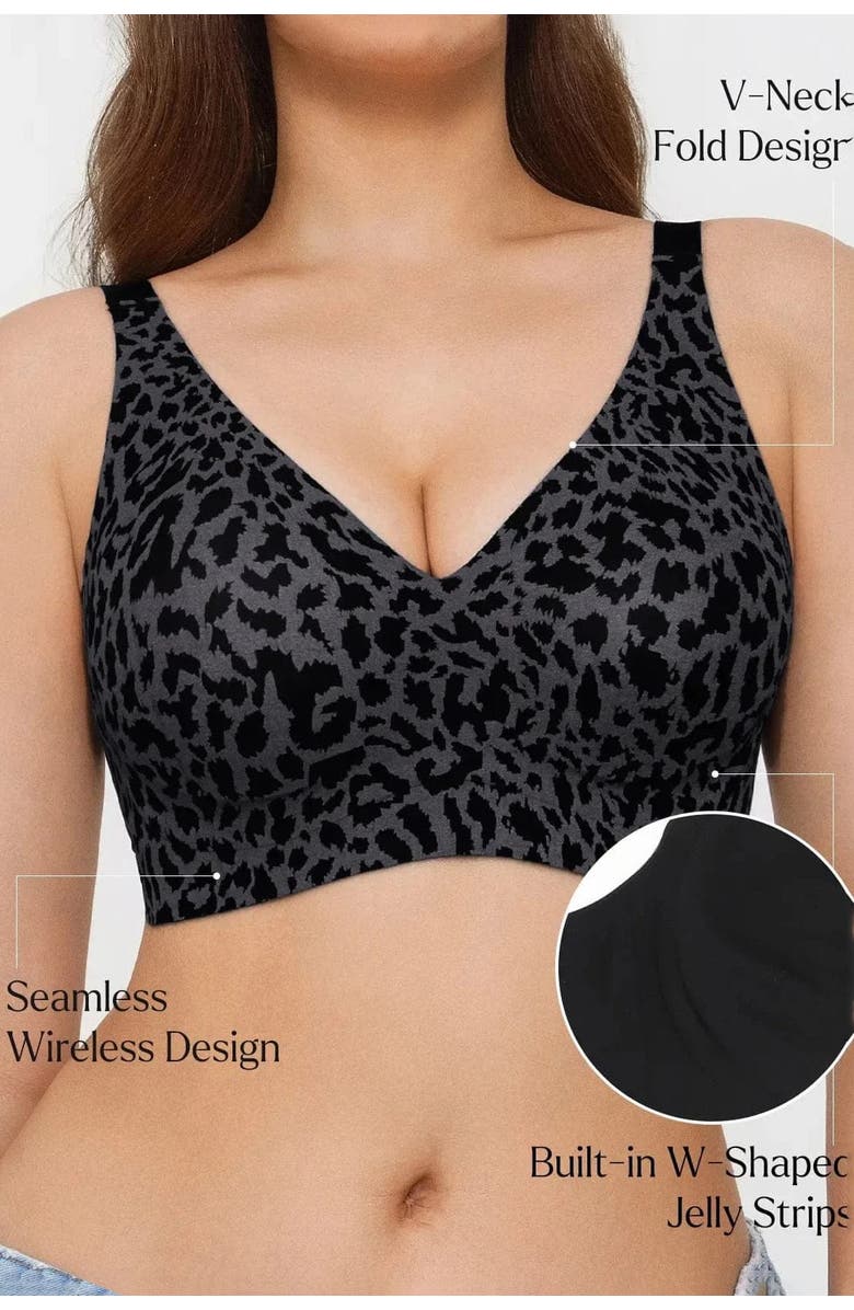Popilush Seamless Wireless Jelly Leopard Contour Minimizer Support Bra, Alternate, color, Classic Black