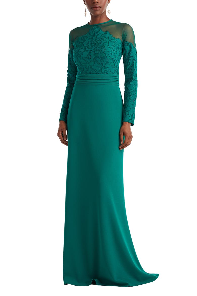 Embroidered Illusion Lace Long Sleeve Sheath Gown, Main, color, EMERALD