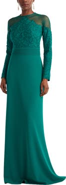 Tadashi Shoji Embroidered Illusion Lace Long Sleeve Sheath Gown