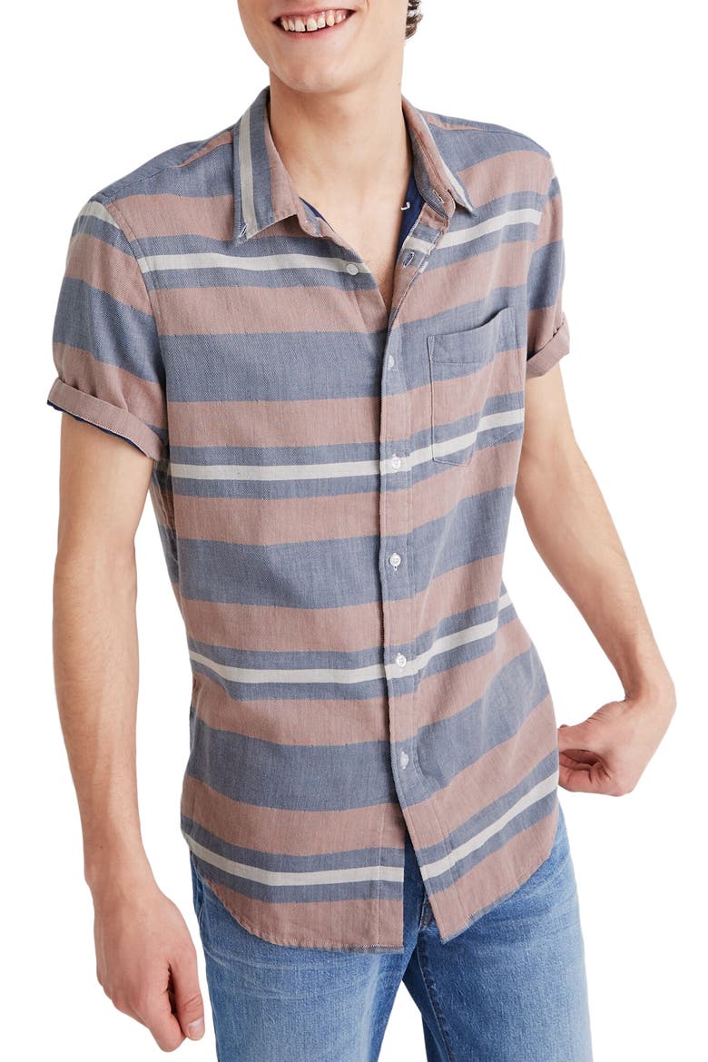 Ransell Stripe Double Weave Perfect Short Sleeve Shirt, Main, color, THROW STRIPE FADED ROSEBUD