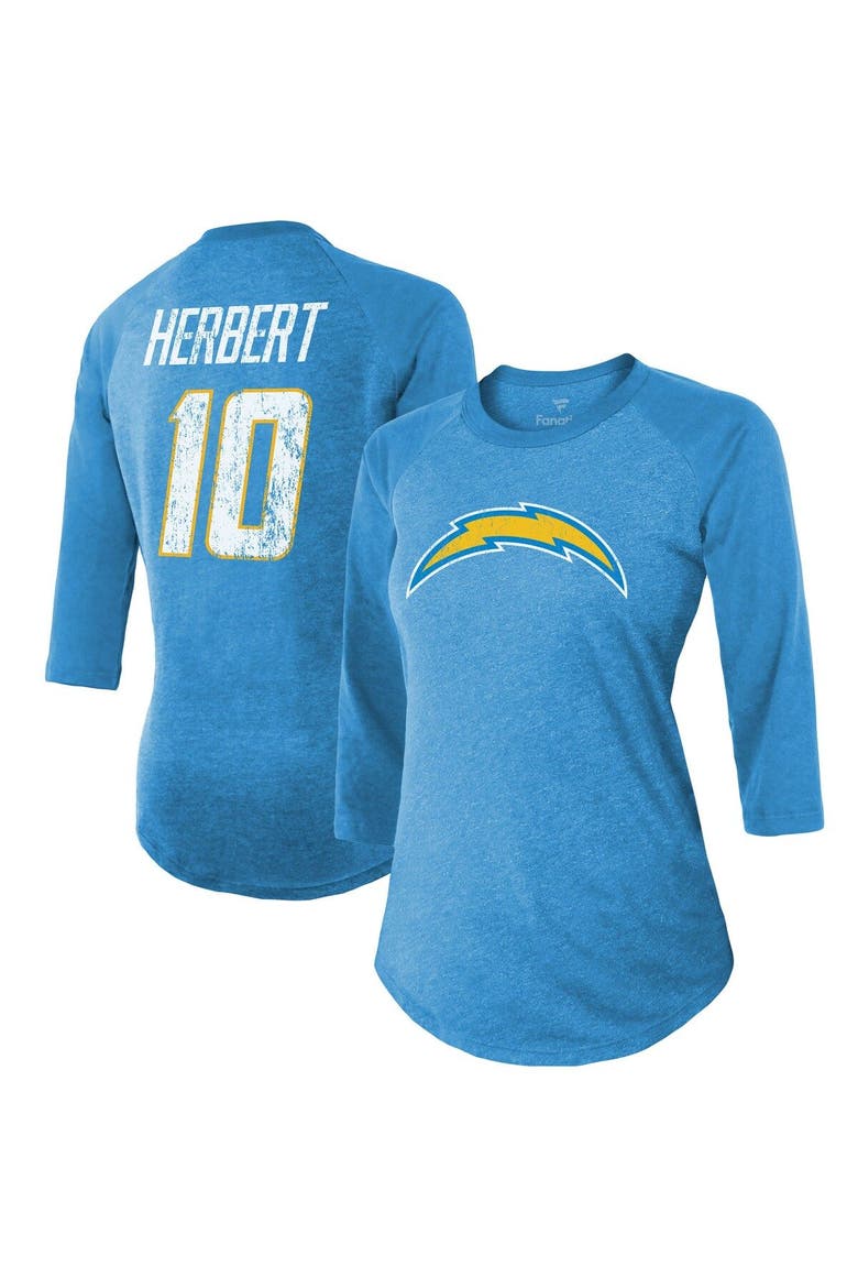 Women's Majestic Threads Justin Herbert Powder Blue Los Angeles Chargers Player Name & Number Tri-Blend 3/4-Sleeve Fitted T-Shirt, Alternate, color, POWDER BLUE