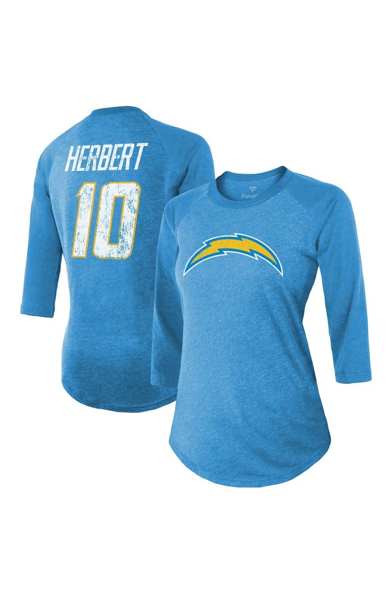 INDUSTRY RAG Women's Majestic Threads Justin Herbert Powder Blue Los Angeles Chargers Player Name & Number Tri-Blend 3/4-Sleeve Fitted T-Shirt, Alternate, color, 