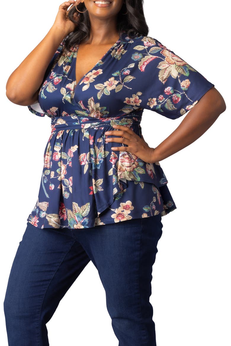Encore Print Faux Wrap Top, Alternate, color, NAVY FLORAL MOTIF