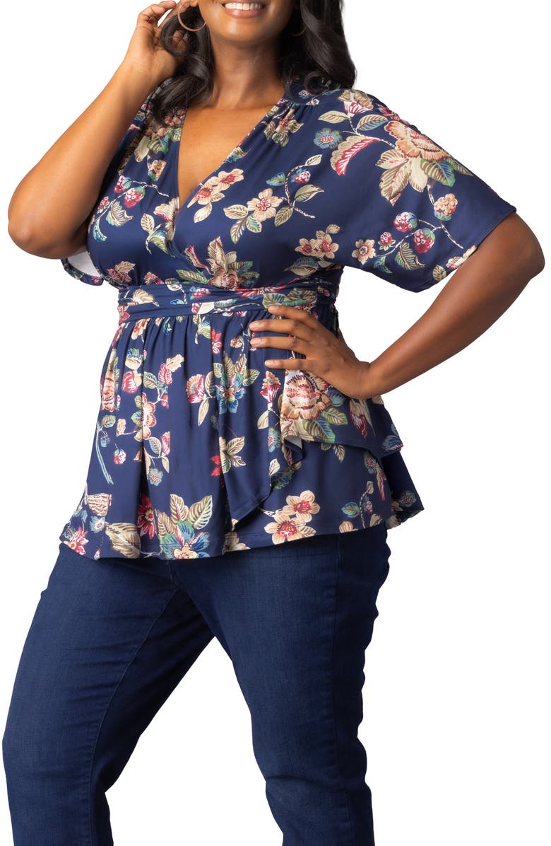 Kiyonna Encore Print Faux Wrap Top, Alternate, color, Navy Floral Motif