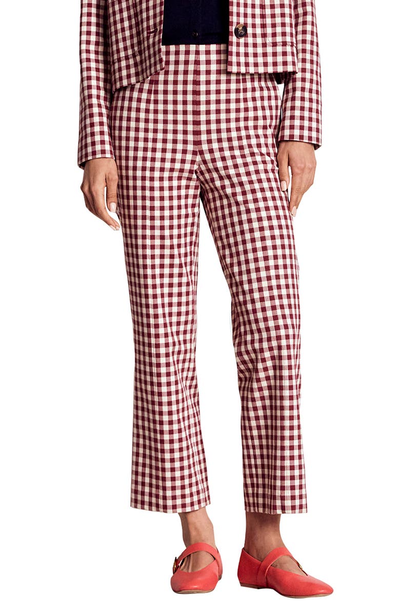 Boden Gingham Cotton Blend Smart Straight Leg Pants, Main, color, Port Gingham