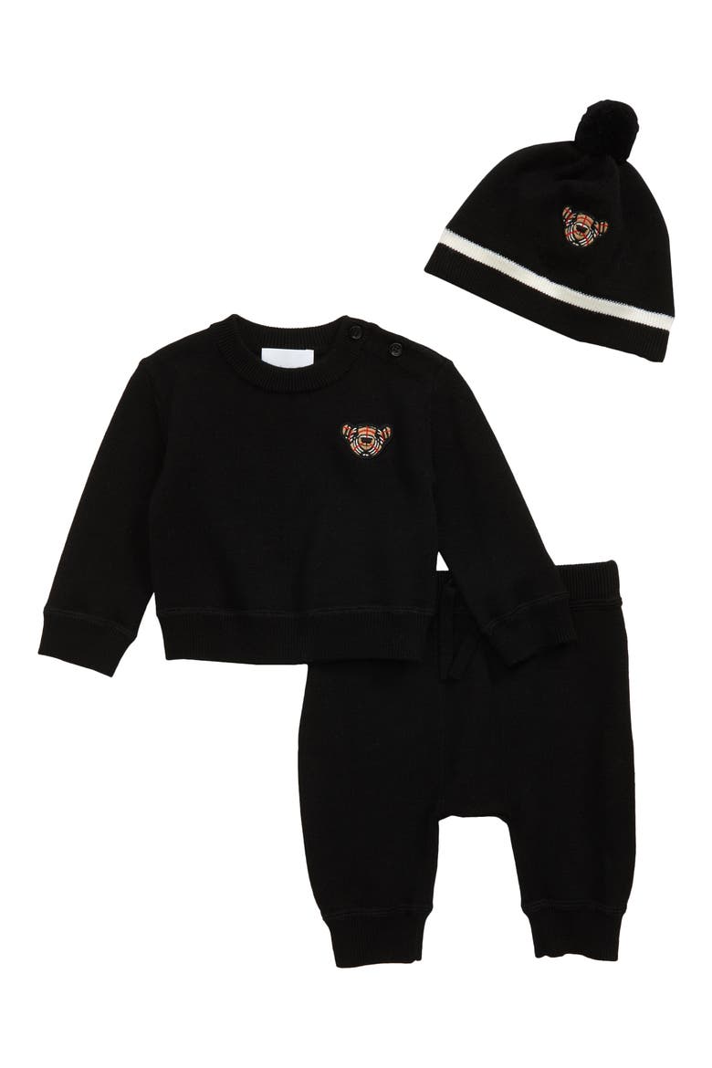 Thomas Bear Appliqué Wool Sweater, Joggers & Hat Set, Main, color, BLACK