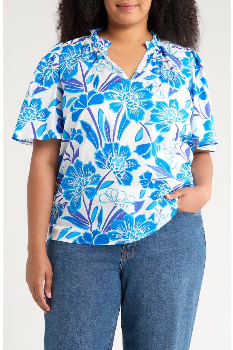 Maci Eve Floral Flutter Sleeve Top, Main, color, BLUE/ WHITE