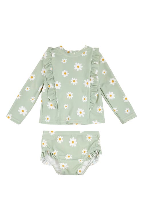 Petit Lem Kids' Long Sleeve Daisy Print Two-piece Rashguard Swimsuit In Light Green