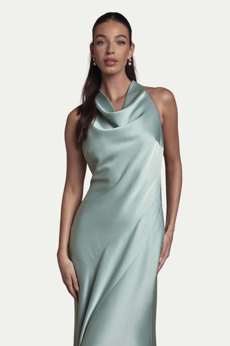 Cowl Halterneck Satin Bridesmaid Dress, Alternate, color, Sage