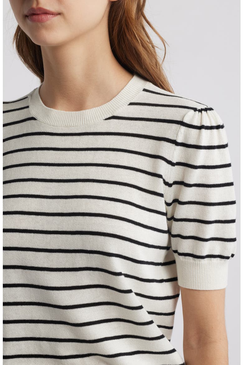 The Gathered Stripe Short Sleeve Organic Cotton & Linen Blend Sweater, Alternate, color, CREAM MULTI