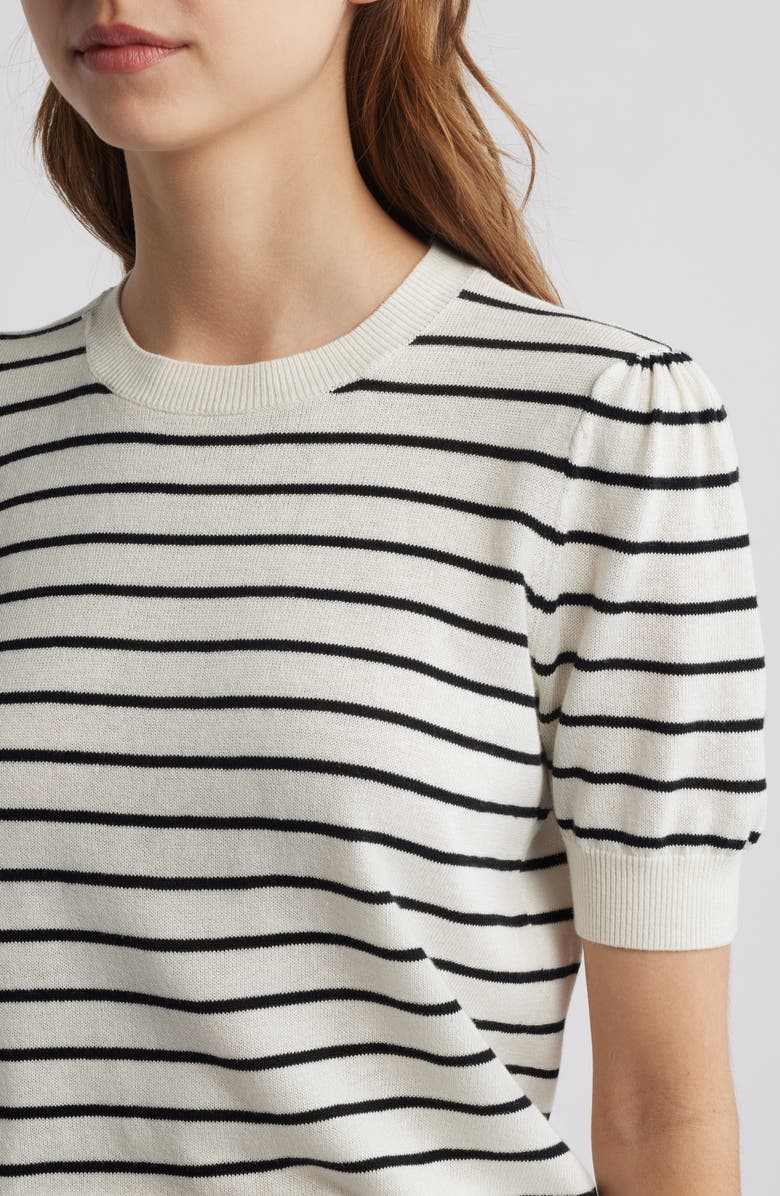 FRAME The Gathered Stripe Short Sleeve Organic Cotton & Linen Blend Sweater, Alternate, color,