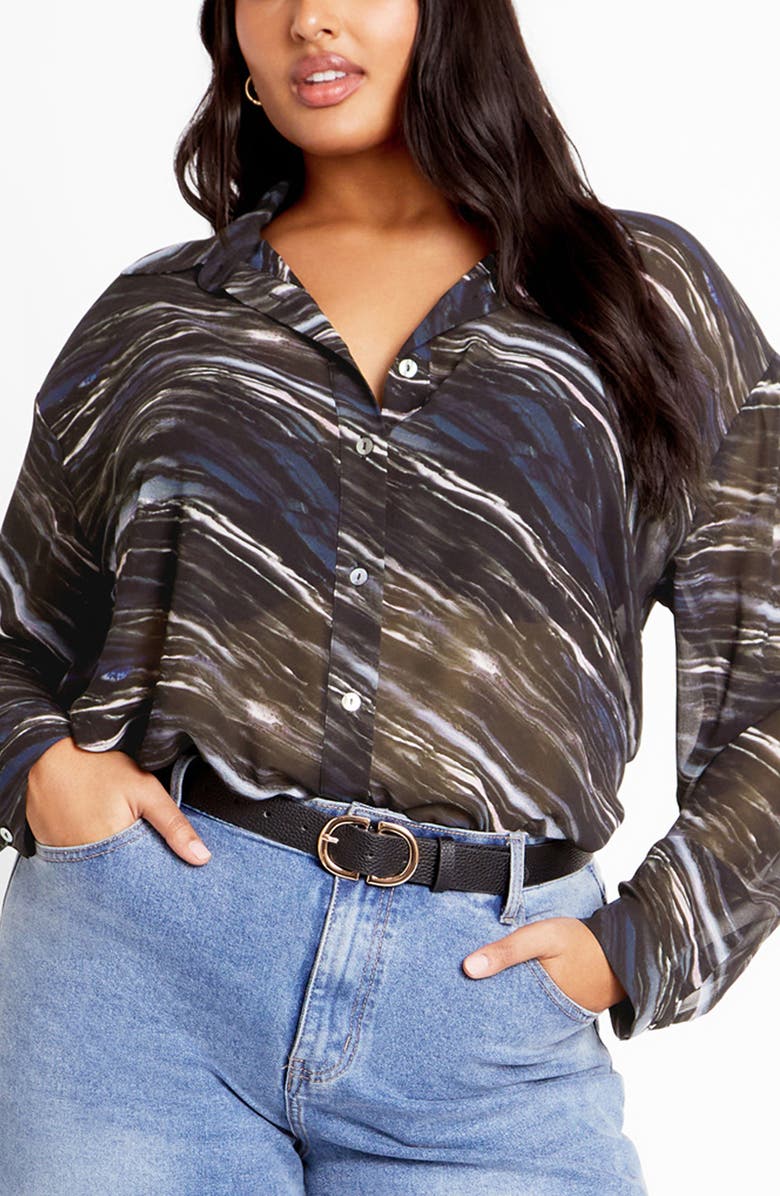 City Chic Sally Sheer Button-Up Shirt, Main, color, Marble