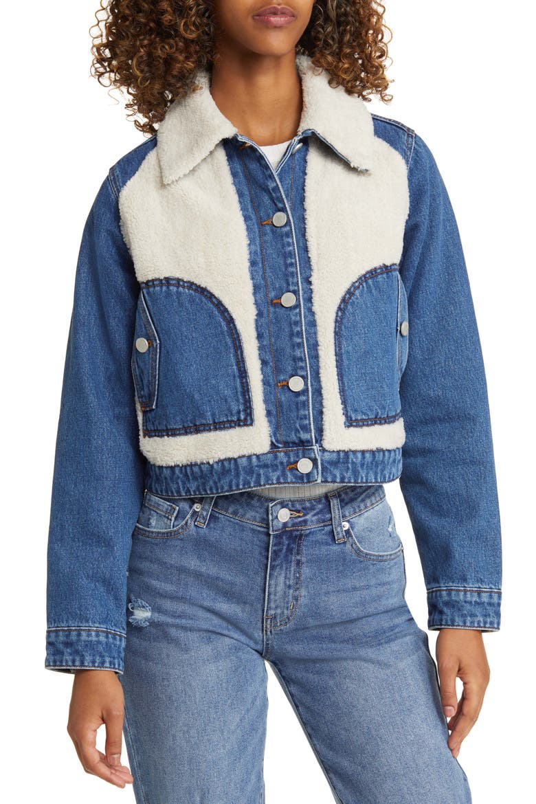Crop Denim & Faux Shearling Jacket, Alternate, color, WHITE CLOUD