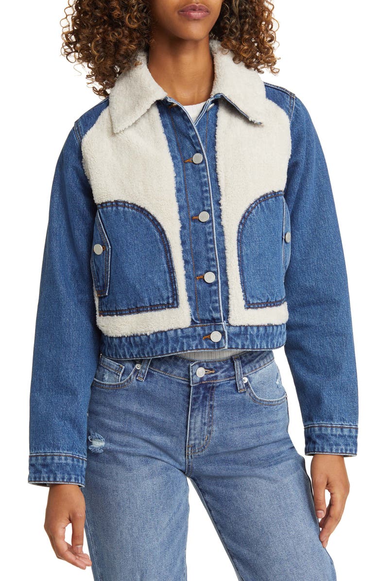 BLANKNYC Crop Denim & Faux Shearling Jacket, Alternate, color,