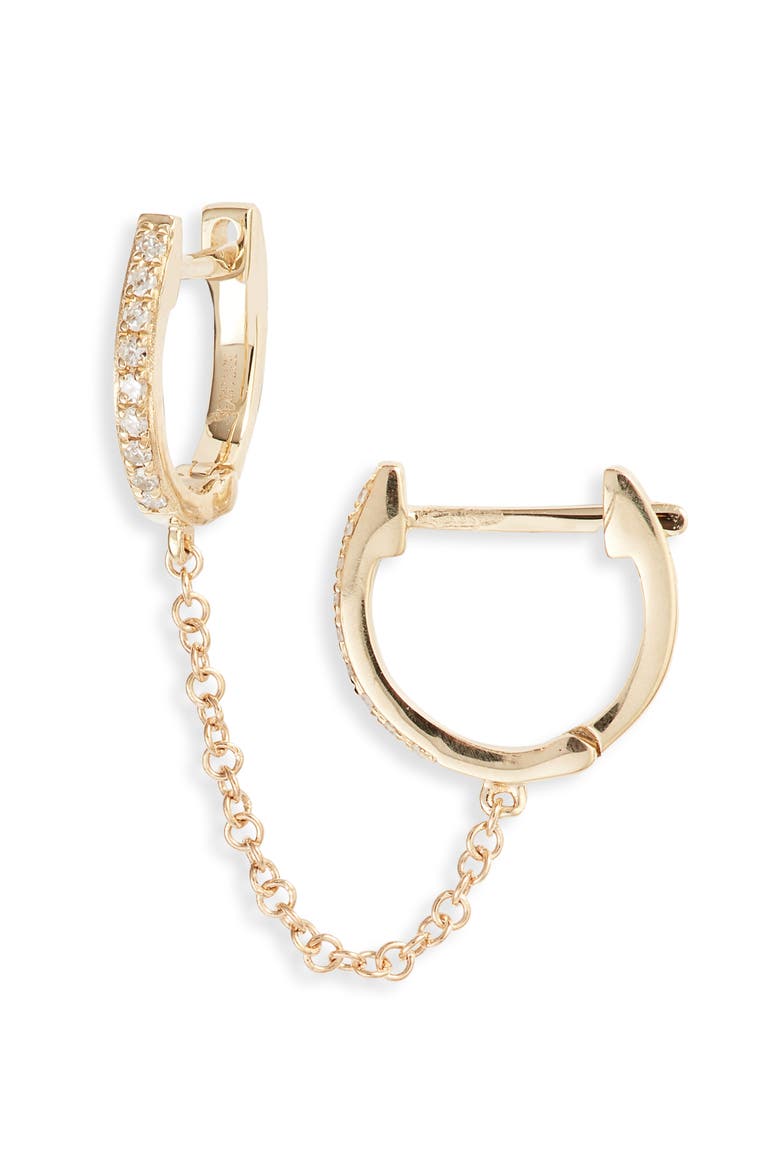 Single Mini Diamond Double Chain Huggie Hoop Earring, Main, color, YELLOW GOLD/ DIAMOND