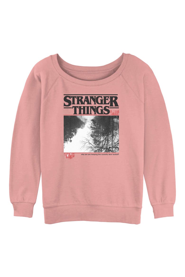 Junior's Stranger Things Curiosity Door Locked  Sweatshirt, Main, color, Desert Pink