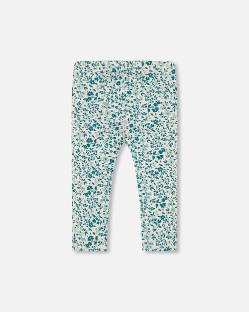 Deux Par Deux Little Girl's Printed Organic Cotton Legging Small Turquoise Flowers In Small Turquoise Flowers
