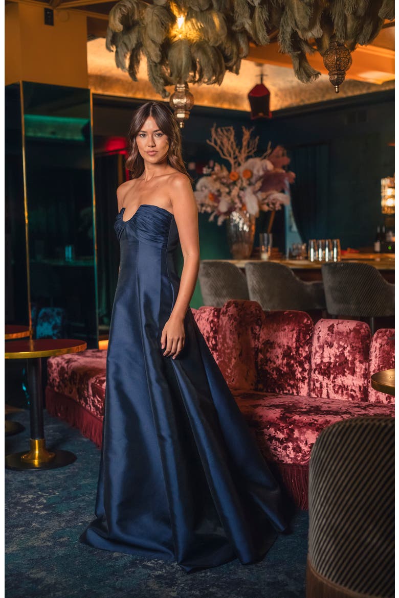 Strapless Satin Gown, Alternate, color, NAVY
