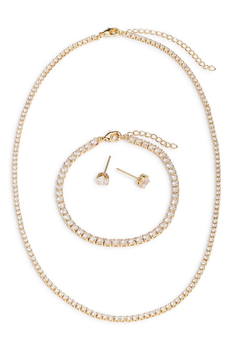 Cubic Zirconia Tennis Necklace, Bracelet & Earring Set, Alternate, color, CLEAR- GOLD