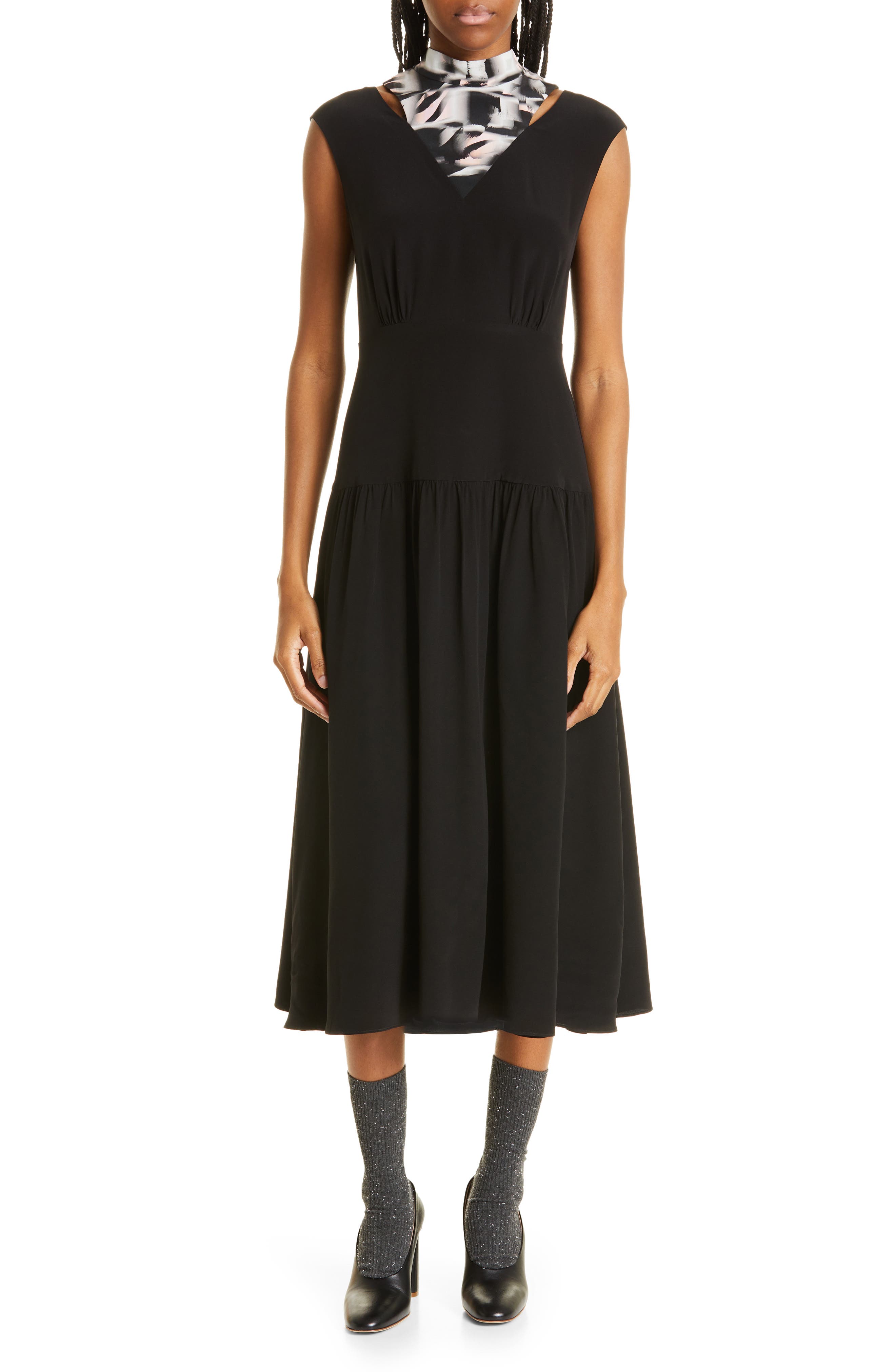 JASON WU Cap Sleeve Midi Fit & Flare Dress with Silk Neck Tie