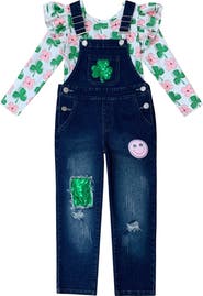 Mia Belle Girls Sparkling In Style Sequin Patched Denim Overall Set