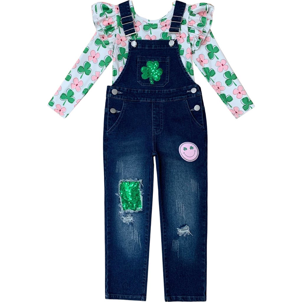 Mia Belle Girls Sparkling In Style Sequin Patched Denim Overall Set In Blue