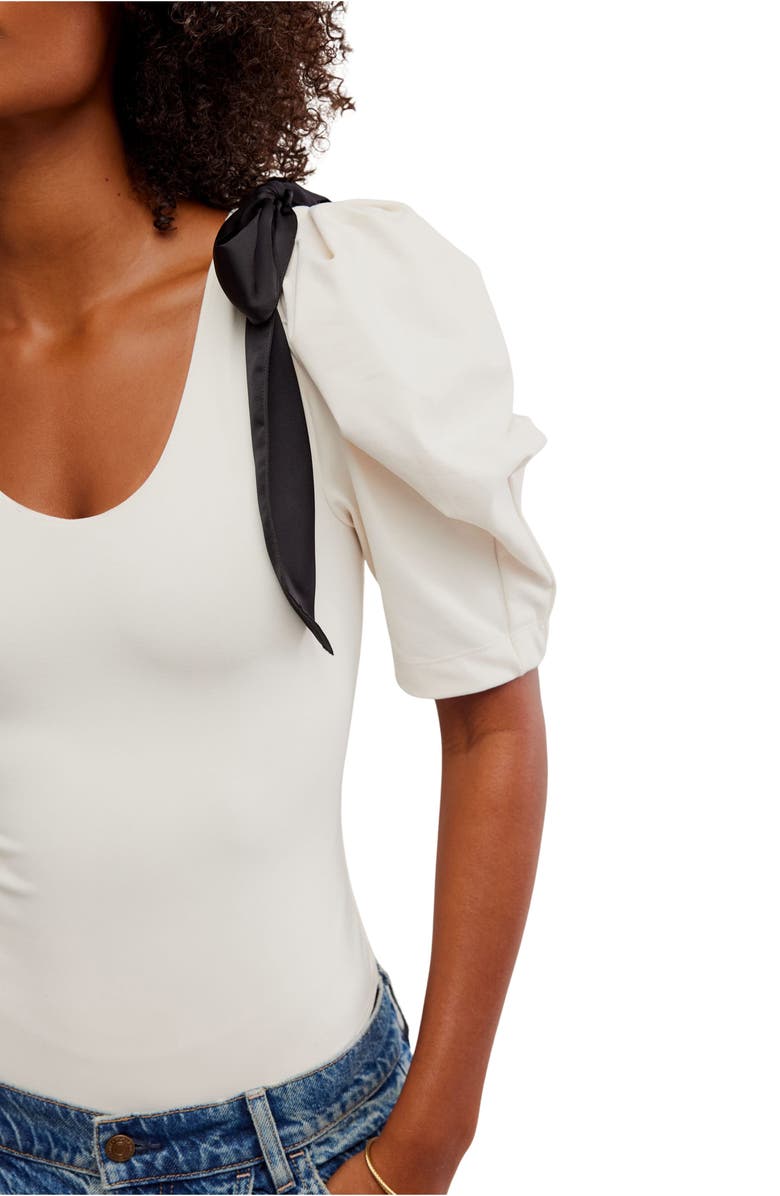 Free People What a Girl Wants Bow Puff Sleeve Bodysuit, Alternate, color, Jet Stream