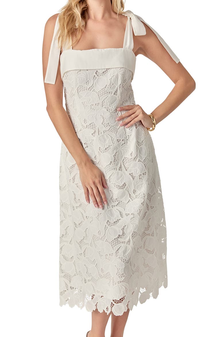 Tie Strap Lace Midi Dress, Alternate, color, WHITE