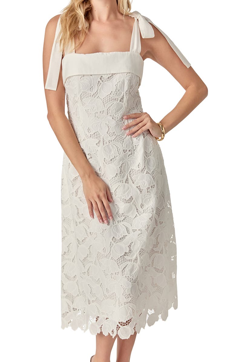 English Factory Tie Strap Lace Midi Dress, Alternate, color, White