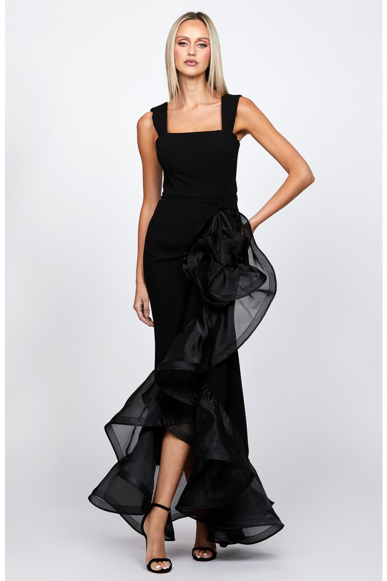Alexis Ruffle Fishtail Hi Lo Gown, Main, color, BLACK