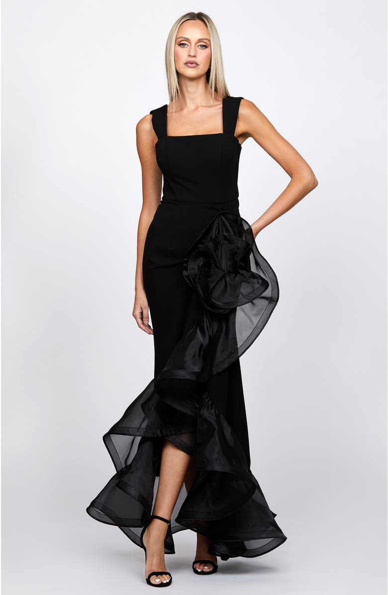 Bariano Alexis Ruffle Fishtail Hi Lo Gown, Main, color, Black